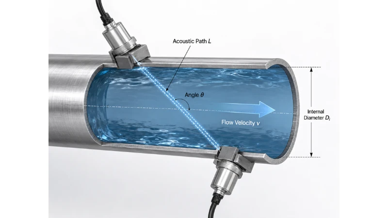 Acoustic path length, beam angle, flow velocity and internal pipe diameter in transit time measurement Acoustic path length, beam angle, flow velocity and internal pipe diameter in transit time measurement