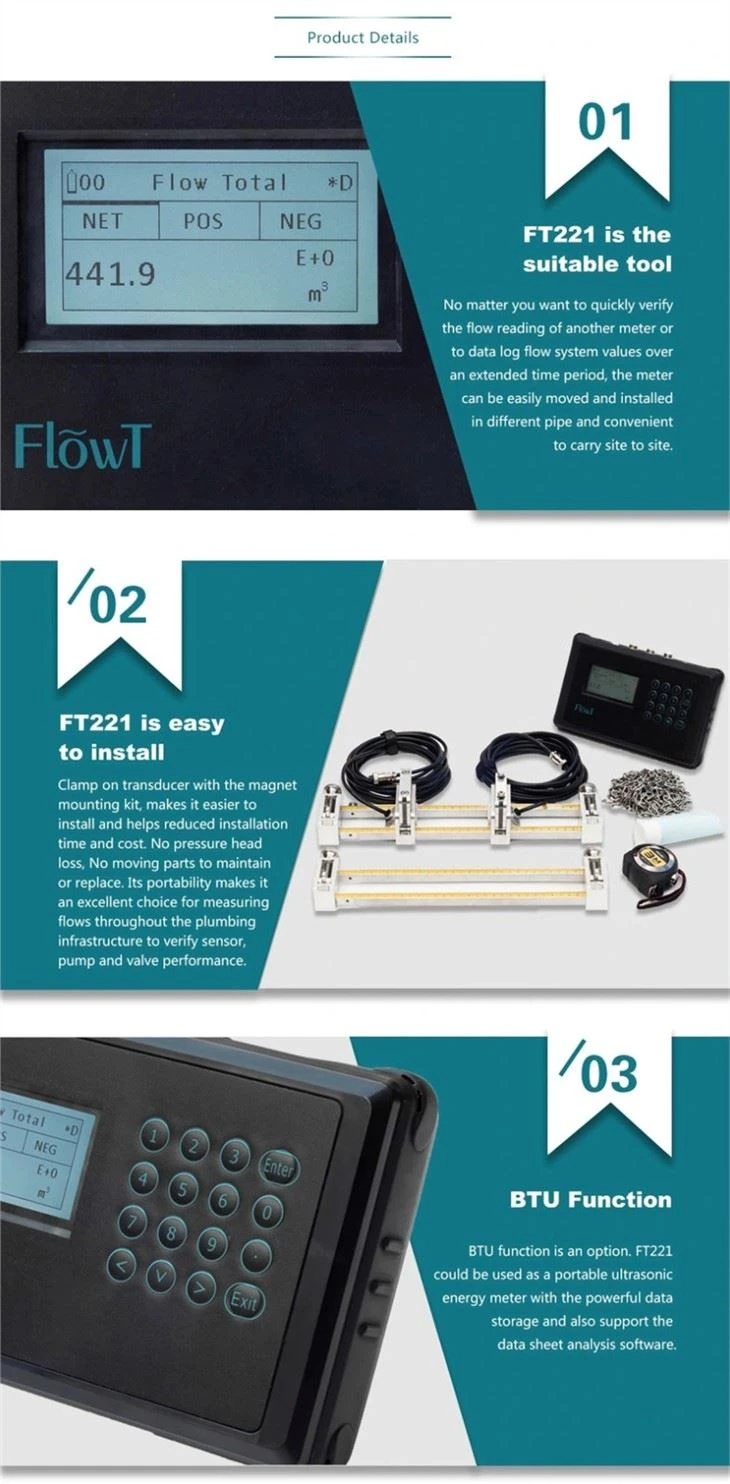 info-1-1 Handheld FT221 River Water Flow Meter Ultrasonic Flowmeter Portable Outside Clamping Handheld Flow Meter